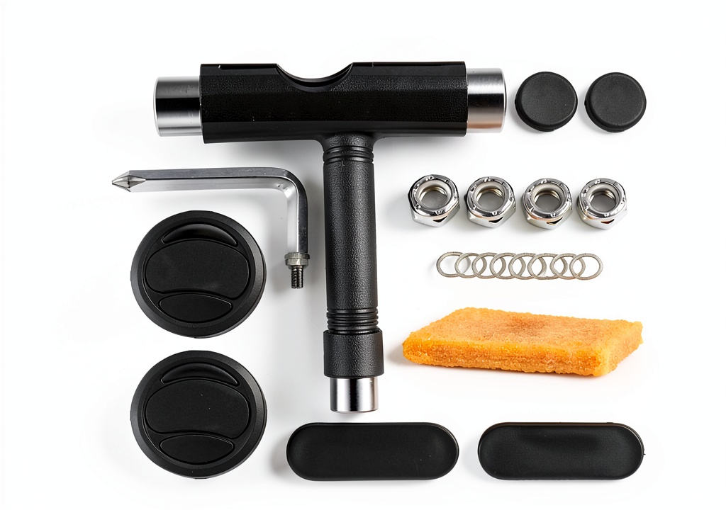 WENGINS skateboard glove sliders and tools set displayed on a skateboard