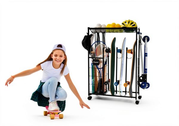 PLKOW Skateboard Storage Rack Steel Frame Lockable Wheels-6