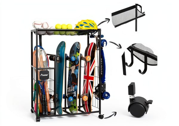 PLKOW Skateboard Storage Rack Steel Frame Lockable Wheels-4