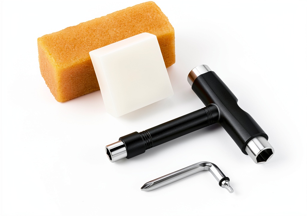 Threlaco Skateboard Tool Kit with T tool and accessories displayed on a skateboard