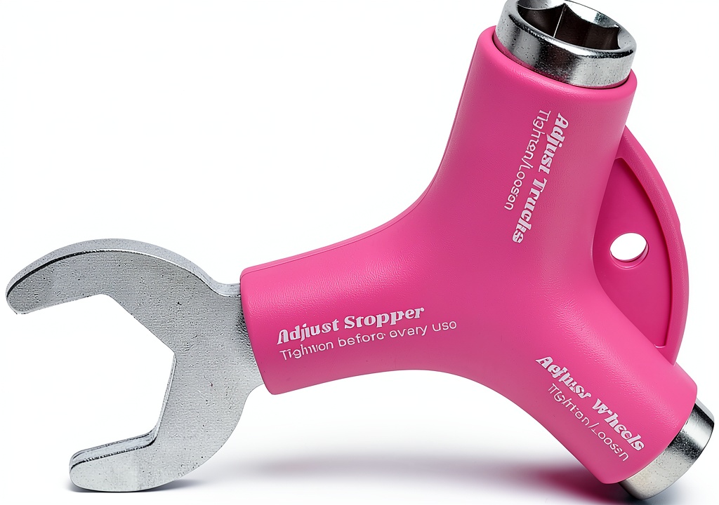 Impala pink skateboard tool with multiple wrench ends